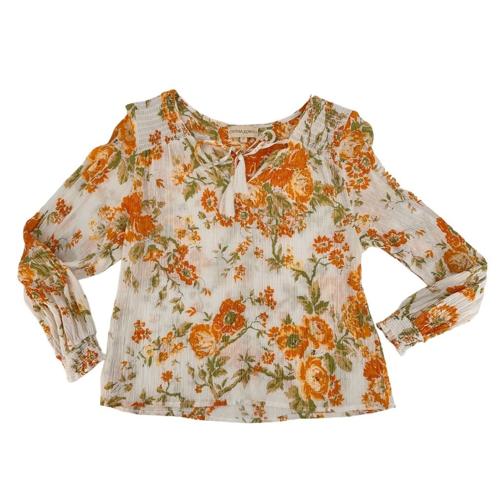 CYNTHIA ROWLEY Blouse Women's Small Floral Top Long Sleeve White Orange